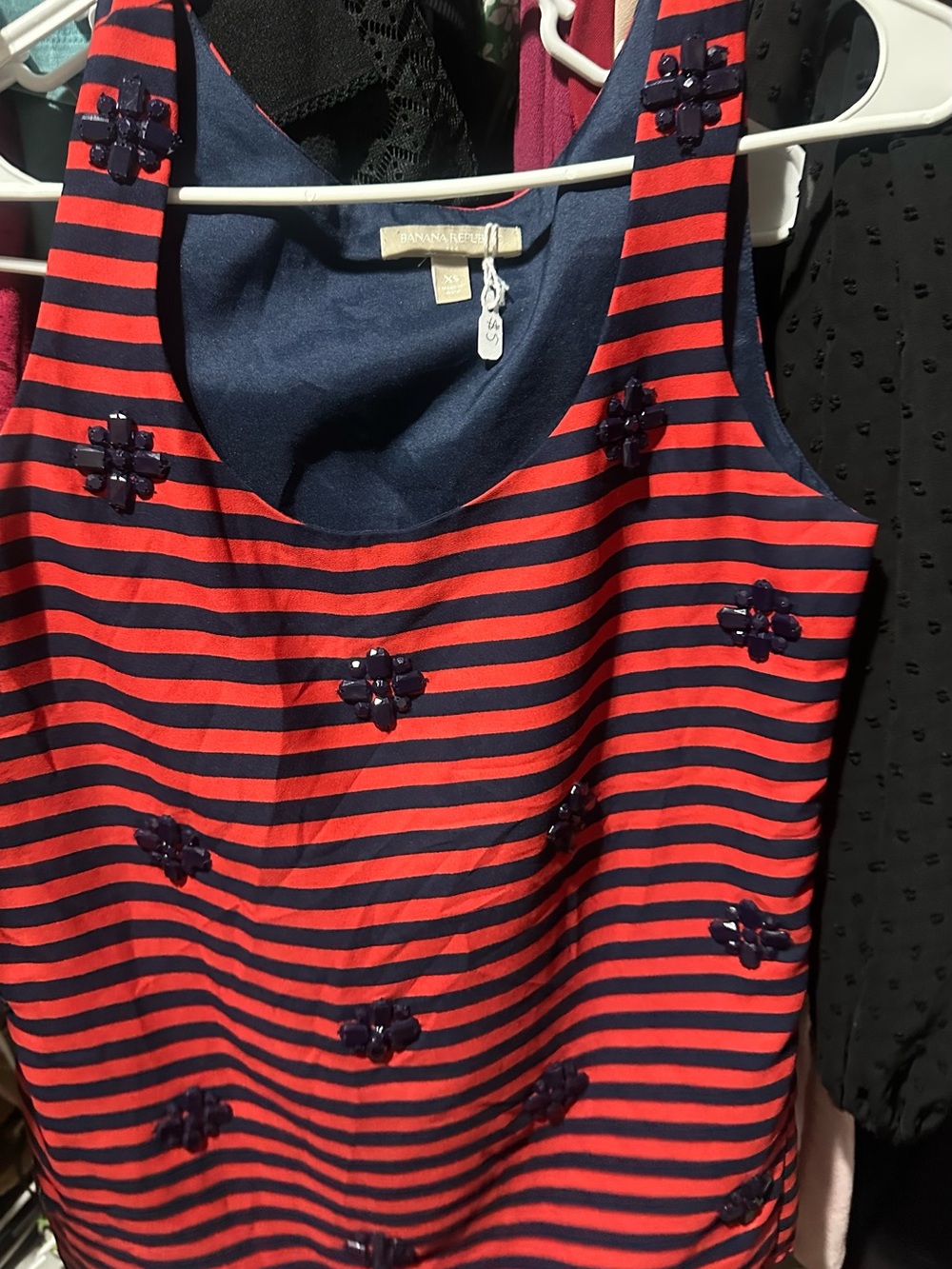 Banana Republic Red and Navy Striped Embellished Tank Dress
